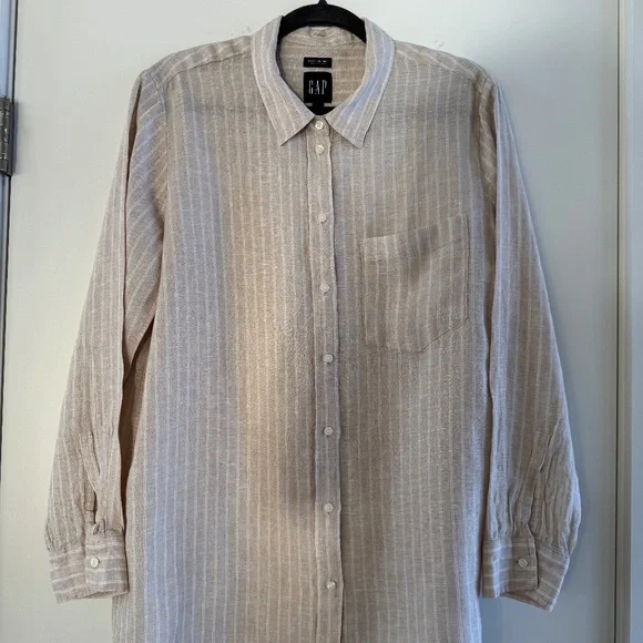 GAP - 100% Linen - Boyfriend Shirt - Neutral Stripe - M - Picture 1 of 5